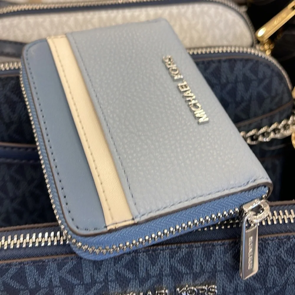 Michael Kors Jet Set Travel Medium Zip Around Color-Block Wallet Pale Blue Mul